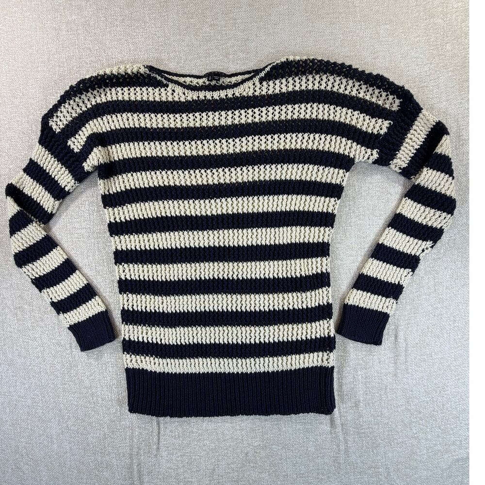 Theory Women's Small Blue Cream Striped Loose Knit Long Sleeve Sweater Casual